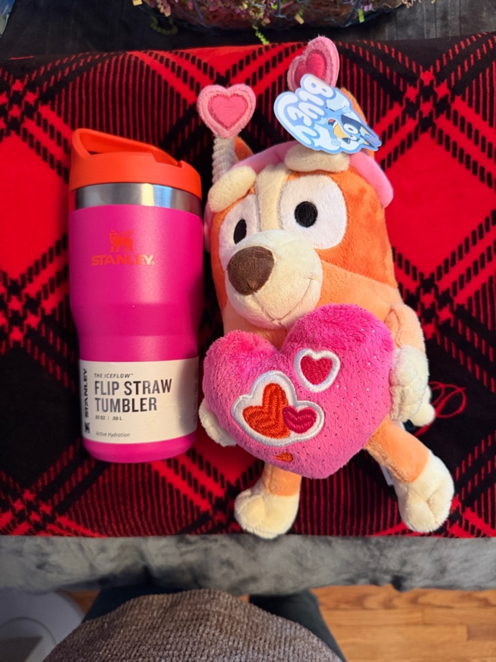 Stanley Pink Flip Straw Tumbler with Orange-Accent Lid and Plush Heart Bingo